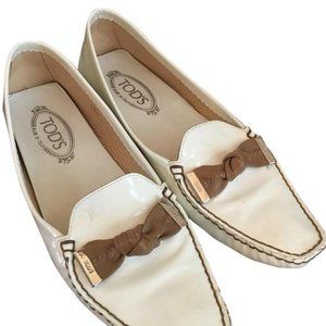 Tod's White Patent Loafers with tan Leather Bow